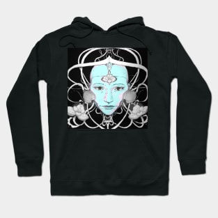 Wise cyber robot girl with blue skin entwined with mystical flowers and wires Hoodie